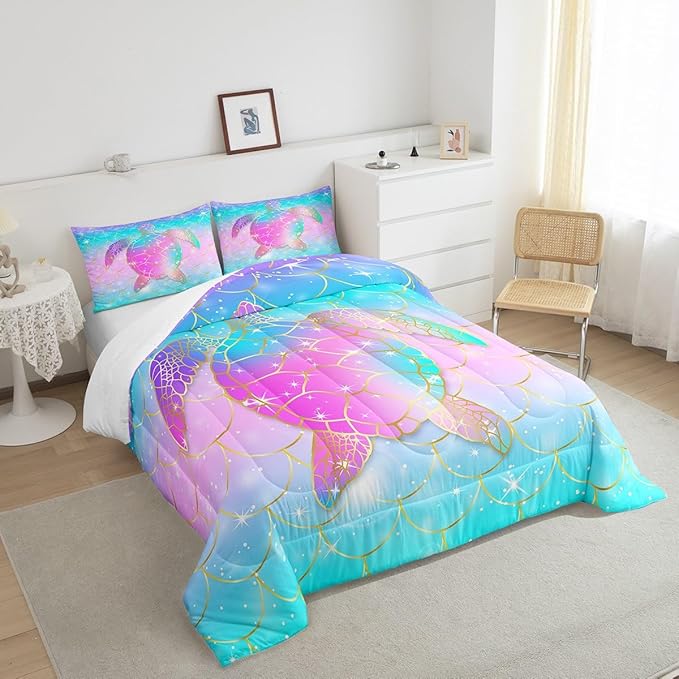 Erosebridal Mermaid Scales Comforter Set for Girls, Tortoise Reptile Bedding Set Queen Size, Sea Turtle Ocean Life Duvet Sets for Kids Children Boys Women, Sweet Girly Down Comforter, Teal Blue