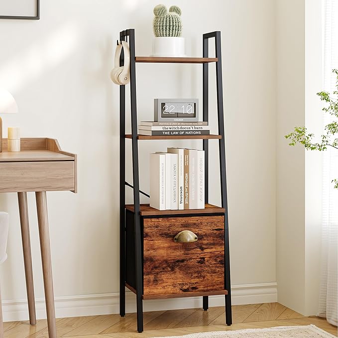 Narrow Bookshelf Bookcase with Drawer, Ladder Shelf with 2 Hooks, Bookshelves Storage Organizer, Freestanding Display Standing for Home Office, Bedroom, 4 Tier Rustic Brown BC19401B