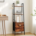 Narrow Bookshelf Bookcase with Drawer, Ladder Shelf with 2 Hooks, Bookshelves Storage Organizer, Freestanding Display Standing for Home Office, Bedroom, 4 Tier Rustic Brown BC19401B