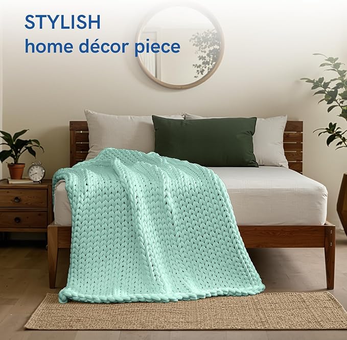YnM Cooling Chunky Throw Blanket, Medium-Weight, Hand Knitted, Skin Friendly, Ventilated and Breathable, Machine Washable, Home Décor Piece for Couch, Sofa and Bed (Menthe Green, 40x50 Inch)