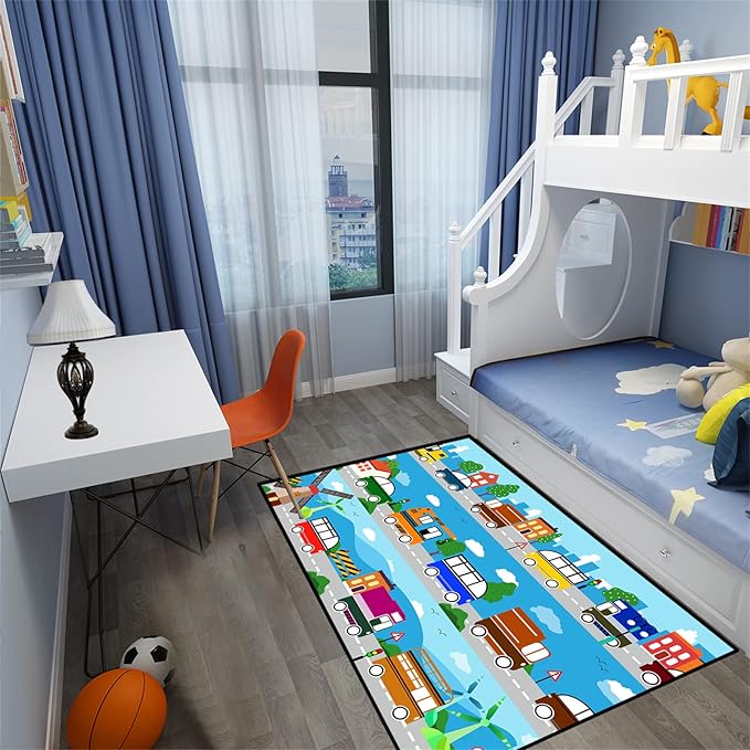 Car Carpet for Kids Kids Rugs for Playroom Car Track Rug Road Rug for Kids Car Play Rug Road Carpet for Toy Cars Car Track Rugs for Boys Car Rug for Boys Room 4'5''×6'