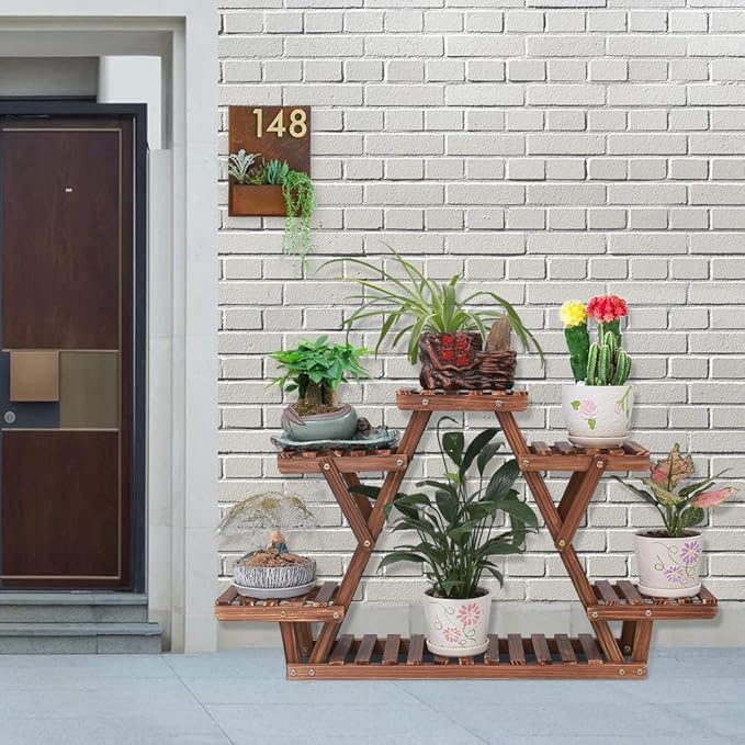 Ufine Wood Plant Stand Triangular Plant Shelf Multi Tier Flower Display Holder Storage Rack 6 Pots for Indoor Outdoor Living Room Balcony Patio