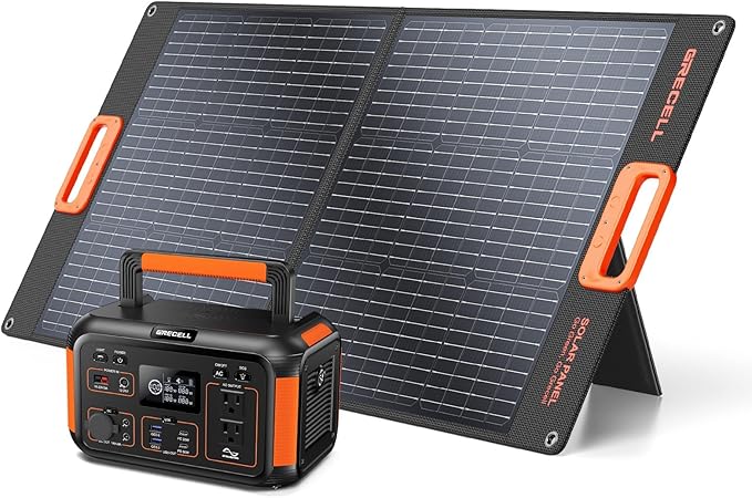GRECELL 500W Portable Power Station with 100W Solar Panel 20V, Solar Generator 500W AC Outlet, Portable Solar Panel MC-4 High-Efficiency Battery Charger for Home Use Camping Outdoor Trip RV
