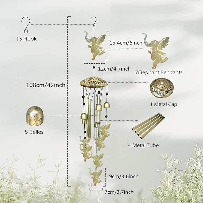 Elephants Wind Chimes for Outside,42" Metal Wind Chinme Indoor/Ourdoor Garden Yard Decoration Patio Home Porch Decor,Unique Windchimes Memorial/House Warming/Birthday Gifts,Elephant Gifts for Women