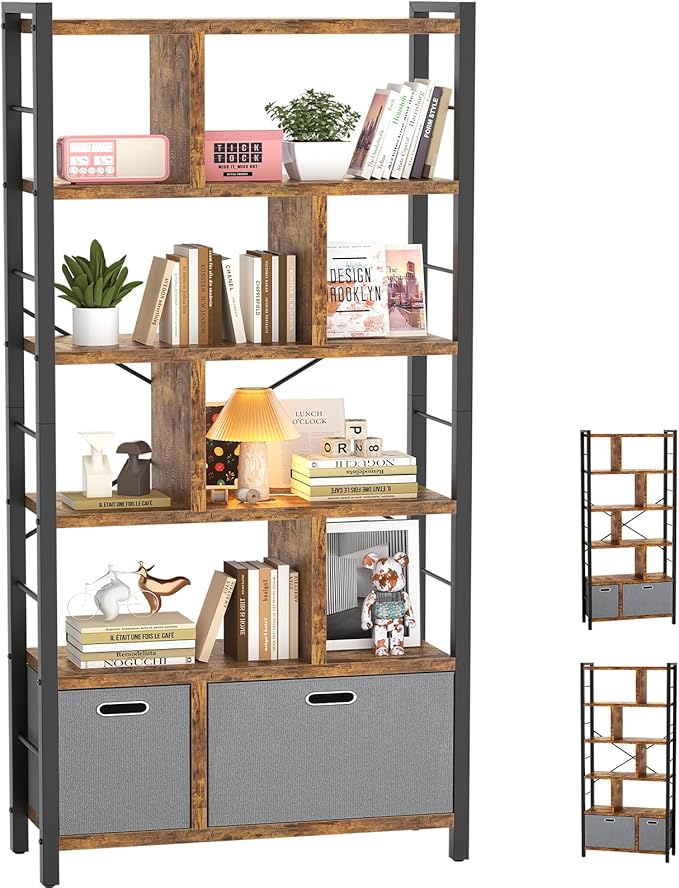 74 Inch Tall Bookshelf, 6 Tier Bookcase with Drawers, Modern Book Shelf Display Standing Shelf Units with Storage, Wood and Metal Bookshelves for Living Room, Bedroom, Home Office, Rustic Brown
