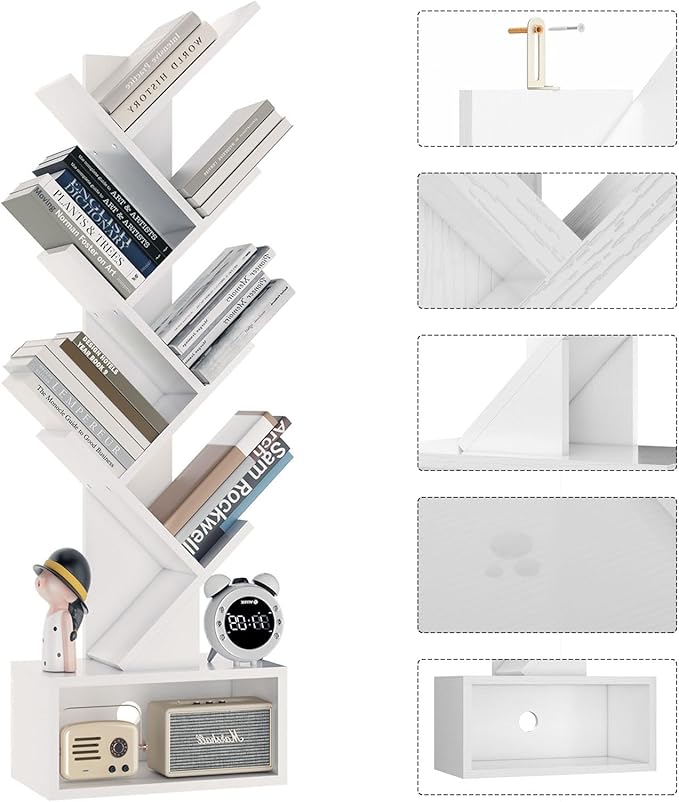 YMYNY 6 Tier Tree Bookshelf, Tall Bookcase, Wood Book Storage Rack with Drawer, Modern Floor Standing Book Shelf for Books/Movies/CDs, Utility Organizer for Living Room, Home Office, White UHBC016W