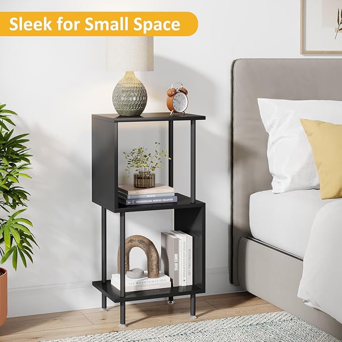 3 Tier Modern Bookshelf, S-Shaped Bookcase,Small Book Shelf for Small Spaces, Unique Bookshelf for Storage Organizer Living Room Bedroom Home Office, Black