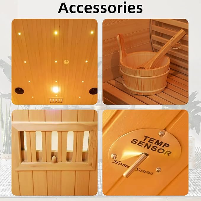 Indoor Luxury Cabin Sauna – Dual System Dry & Wet, Canadian Hemlock, Full Spectrum Infrared Heating, 4-5 People, 220V, 6KW Harvia Stove, Seven-Color Ambient Light, 8mm Tempered Glass