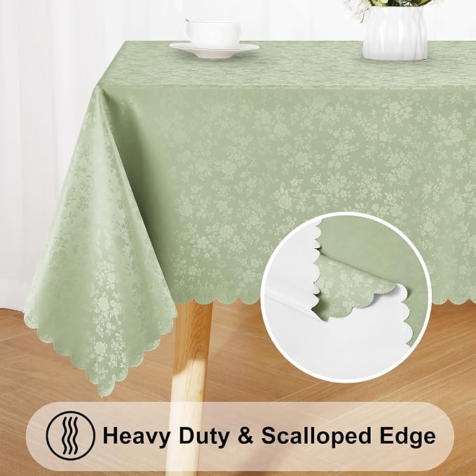 Smiry Rectangle Waterproof Heavy Duty Vinyl Tablecloths, 60 x 120 Inch | Wipeable Washable Floral Embossed Table Cover for Kitchen and Dining Room, Indoor & Outdoor Use, Grass Green