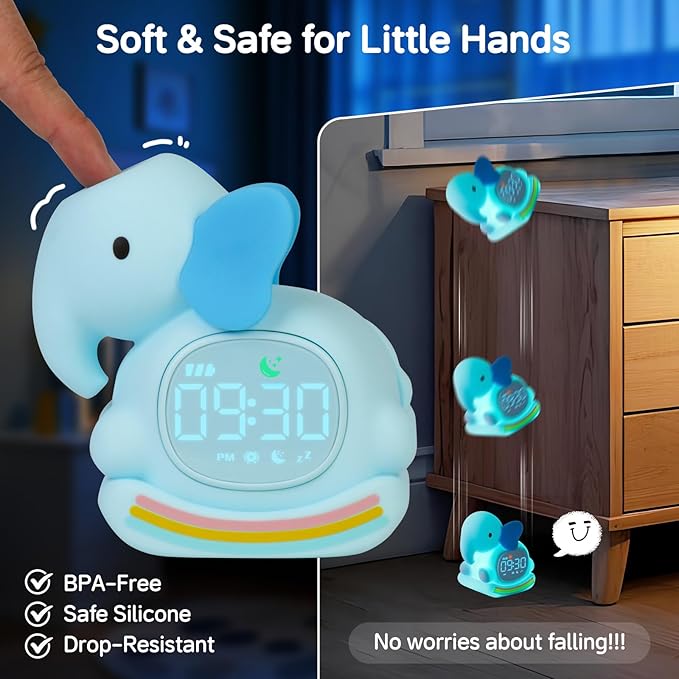 Alarm Clock for Kids with Night Light, Sleep Training Clock Time to Wake Clock, Rechargeable Silicone Light for Bedroom, Perfect Sleep Companion for Boys Girls，Blue Elephant