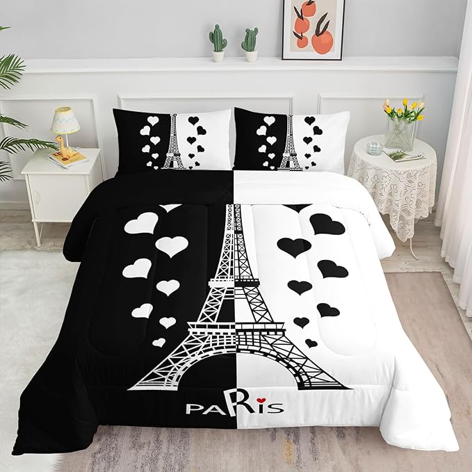 Datura home Kids Comforter Set Eiffel Tower Printed Pattern Bedding Set with 1 Comforter and 2 Pillowcases for Girls Boys Bedroom All Season(Tower1 Queen)