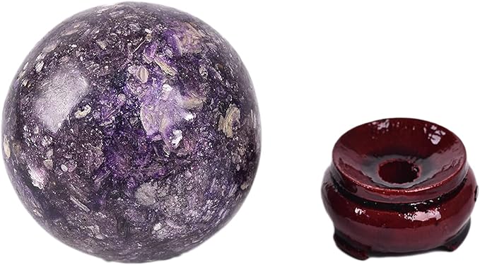JIC Gem Deep Purple Lepidolite Sphere with Stand Natural Sparkling Lithia Mica Crystal Ball Brazil Mineral Gemstone (70-80mm)