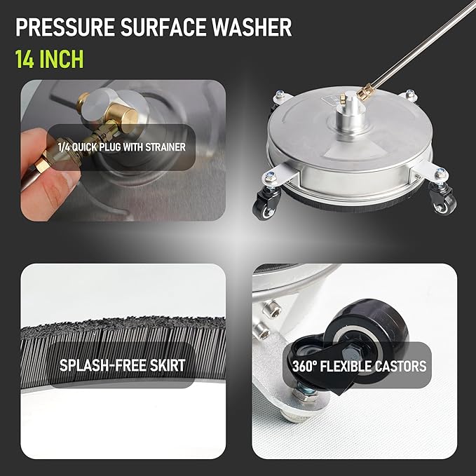 Hourleey 14" Pressure Washer Surface Cleaner, Stainless Steel Surface Cleaner with 4 Wheels for Concrete, Patio, Sidewalk, Deck, Pathway 1/4" Quick Connector, 2 Extension Wand, 4000 PSI