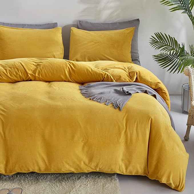 Wellboo Yellow Velvet Comforter Sets Twin Solid Mustard Yellow Fluffy Bedding Comforters Women Girls Plain Turmeric Yellow Sherpa Quilts Dark Yellow Soft Warm Winter Bed Blankets Luxlury Yellow Bed