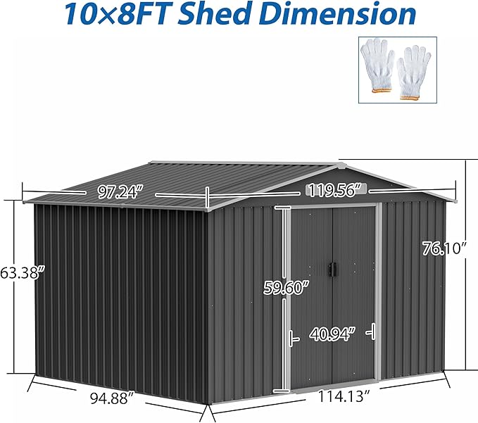 8×10 Ft Metal Outdoor Storage Shed with Floor Base and Sliding Door, 0.25mm Galvanized Steel Metal Garden Tool Shed Waterproof Backyard, Patio, Garden, Dark Grey