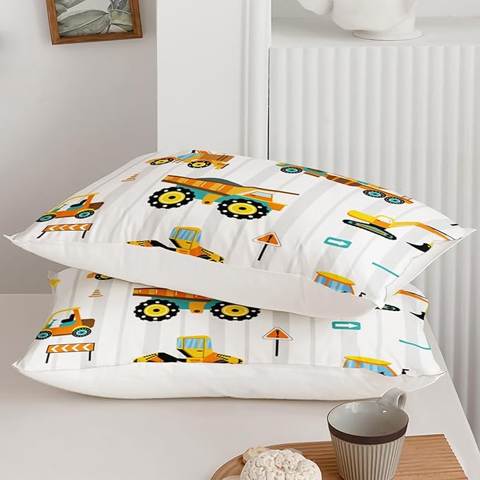 Axolotl Yellow Excavator Comforter Set Twin Size,Cartoon Excavator Bedding Set,Kids Machinery Truck Comforte Set,White Stripe Bedding Vehicle Car Decor for Kids Boys Teens,1 Quilt 2 Pillowcases