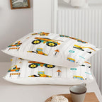 Axolotl Yellow Excavator Comforter Set Full Size,Cartoon Excavator Bedding Set,Kids Machinery Truck Comforte Set,White Stripe Bedding Vehicle Car Decor for Kids Boys Teens,1 Quilt 2 Pillowcases