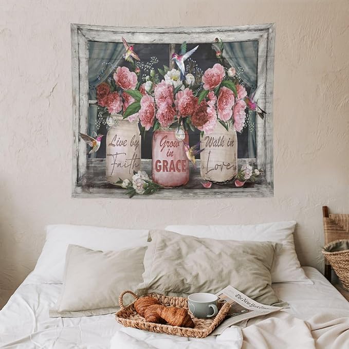 yowecso Farmhouse Rose Tapestry Peony Flower Tapestry Wall Hanging for Bedroom Floral Tapestries Aesthetic Wall Decor for Home Dorm Living Room 50"x60"