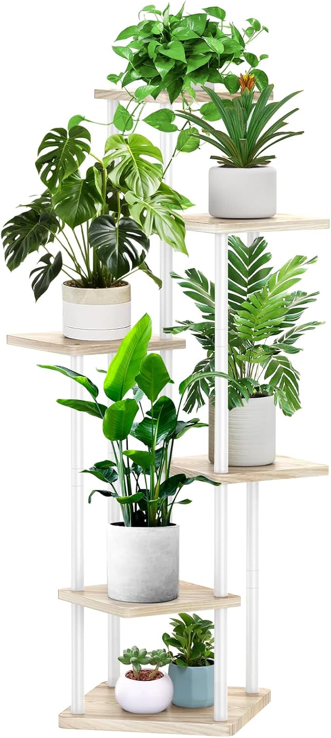 6 Tier Wood Tall Plant Stand Metal Rack Indoor, Multiple Flower Pot Holder Shelves Corner Rack, Planter Shelf Display Rack Storage Organizer for Patio Living Room Balcony Garden(White Oak)