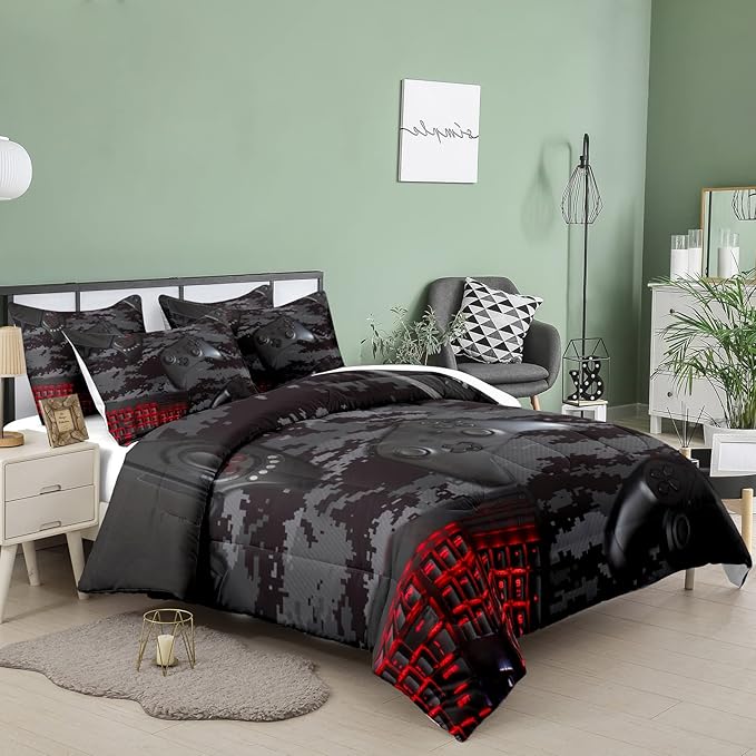 Tailor Shop Modern Camouflage Gaming Comforter Sets for Boys Gamer Comforter Red Mouse Keyboard Gamepad Bedding Set King Size with 1 Comforter 2 Pillowcases,03