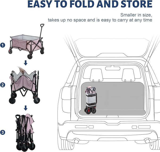 Collapsible Folding Wagon Cart, 220LBS Heavy Duty Foldable Utility Garden Cart with All Terrain Wheels & Side Storage Bag, Portable Sports Wagon for Camping, Shopping, Garden. (Pink)