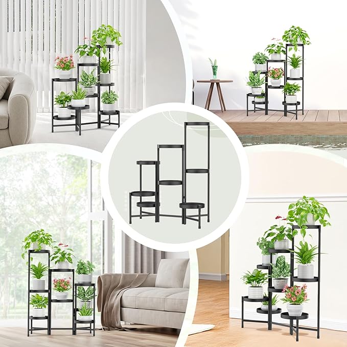 iDavosic.ly Plant Stand Indoor Outdoor, 8 Tier Corner Metal Flower Display Holder Shelf, Folding Tall Orchid Rack for Patio Balcony Porch Garden Living Room House, Black