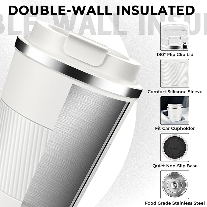Insulated Coffee Tumbler 17 oz, Stainless Steel Coffee Mug with Lids, Travel Coffee Mug Leak Proof, Double Wall Vacuum Insulated Reusable Iced Coffee Cup, Keep Drinks Hot and Cold (White, 17 Ounces)