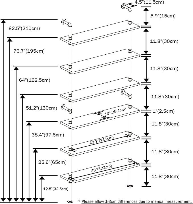 6 Tier Industrial Ladder Pipe Shelf, Wall Mounted Wood Metal Bookshelf for Living Room Storage (Weathered Brown, 10" D x 48" W x 82.5" H)