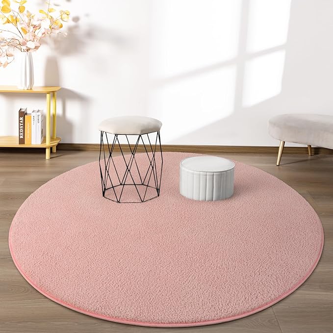 Round Area Rugs for Bedroom Living Room, 4x4 Pink Super Soft Comfy Thickened Memory-Foam Indoor Circle Carpets, Modern Aesthetic Minimalist Carpet for Boys Girls Adults Nursery Home Décor