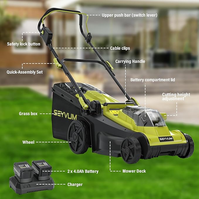 SEYVUM 40V 16-inch Cordless Lawn Mower with 45L Grass Collection Bag, 6 Position Height Adjustment Electric Lawn Mower, 20V 4.0Ah Battery Powered Push Lawnmower, 2.4A Fast Charger Included