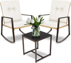 YIYAN 3 Pieces Patio Bistro Set Outdoor Rattan Wicker Rocking Chairs Set,Patio Outdoor Furniture Conversation Sets with Sofa Chairs,Glass Coffee Table and Washable cushion (Light Beige)