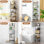 5 Tier Ladder Shelf with 2 Hooks, Modern Metal Wood Bookcase Shelf, Wall Mounted Bookshelf, Standing Display Storage Organizer for Home, Office, Kitchen, Living Room, Bedroom