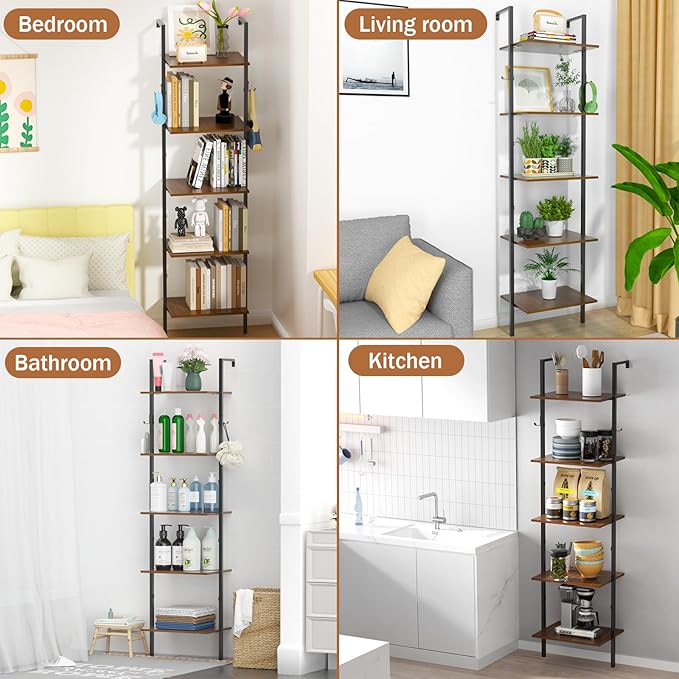 5 Tier Ladder Shelf with 2 Hooks, Modern Metal Wood Bookcase Shelf, Wall Mounted Bookshelf, Standing Display Storage Organizer for Home, Office, Kitchen, Living Room, Bedroom