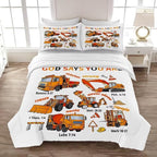 Kids Construction Vehicles Truck Comforter for Boys Twin,Cartoon Car Excavator Tractor Bedding Set,Construction Christian Spirational Quotes Comforter with 2 Pillowcases White