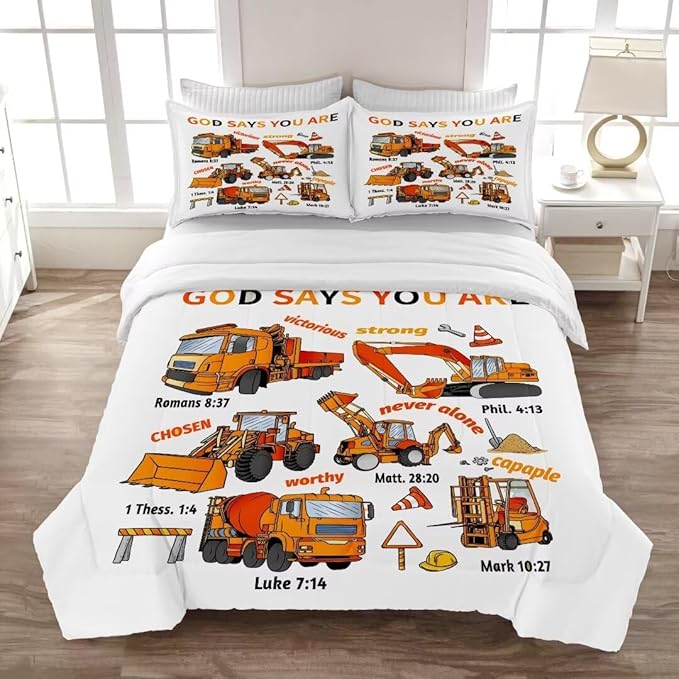 Kids Construction Vehicles Truck Comforter for Boys Full,Cartoon Car Excavator Tractor Bedding Set,Construction Christian Spirational Quotes Comforter with 2 Pillowcases White