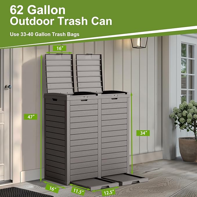 62 Gallon Outdoor Trash Can with Tiered Lid and Drip Tray,Waterproof Resin Waste Bin Indoor,Durable,Stylish,Lightweight Garbage Bin for Patio,Kitchen,Backyard and Office(Grey)
