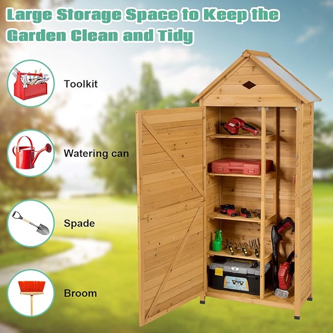 Goplus Outdoor Storage Shed, Lockable Fir Wood Garden Tool Storage Cabinet with Galvanized Sheet Roof for Garden, Yard, Natural Color