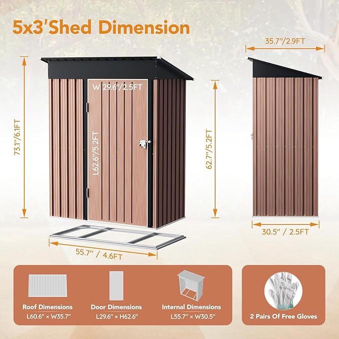 5X3X6.1 FT Garden Storage Shed with Frame Floor,Steel Tool Shed with Lockable Door, Anti-Corrosion Metal Shed for Backyard Patio Lawn (Light Wood Grain)