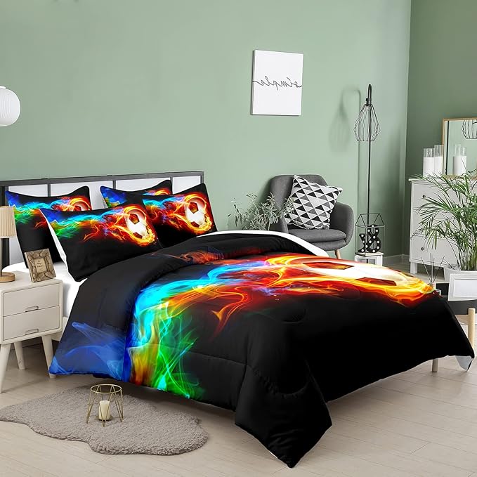 Bodhi Boys Comforter Set Full,Soccer Comforter Set Full Size,Fire Sports Comforter Set for Boys,Teen Football Bedding Set with Matching Pillowcases,Kids Bedding Set Full