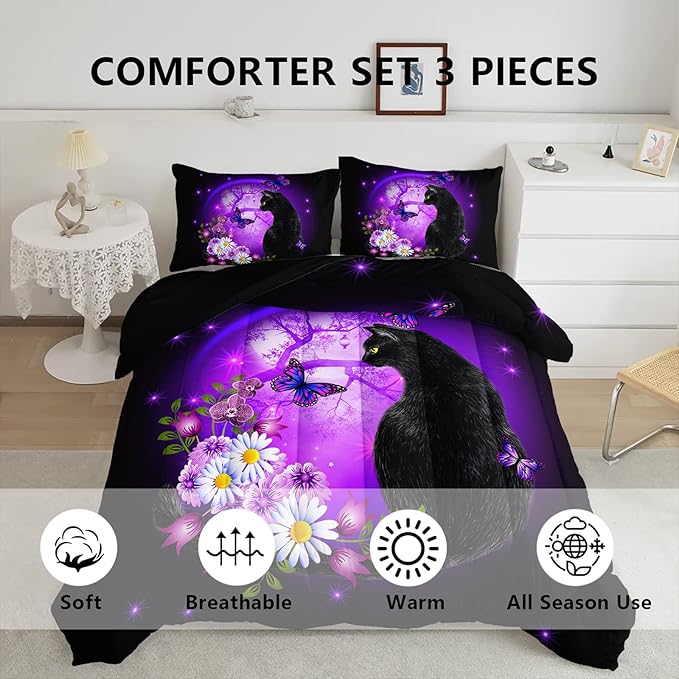 Black Cat Bedding Cartoon Cat Comforter Set Queen,Daisy Butterflies Printed Kids Bedding Set for Kids Boys Girls Adults Room Decor,Kids Comforter Set All Season,1 Quilt 2 Pillow Cases,Purple