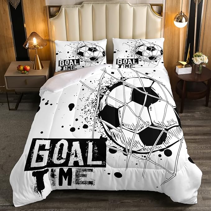 Erosebridal Kids Football Comforter Set Twin Size American Soccer Bedding Set Sports Games Duvet Sets for Boys Girls Children Teens Geometric Polygon Down Comforter for Bedroom, Black White