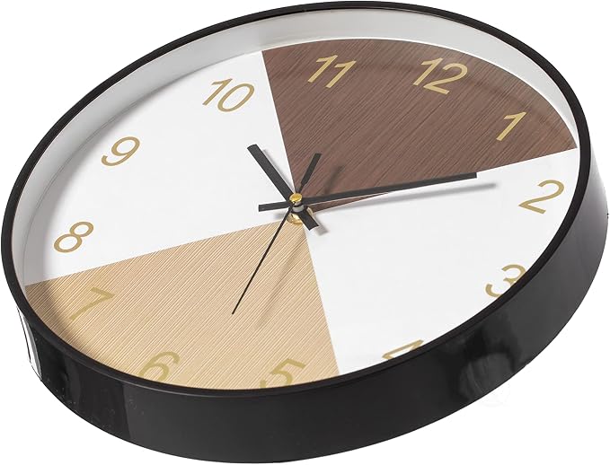 Decorative Modern Round Wood- Looking Plastic Wall Clock for Living Room, Kitchen, or Dining Room, Brown and Beige
