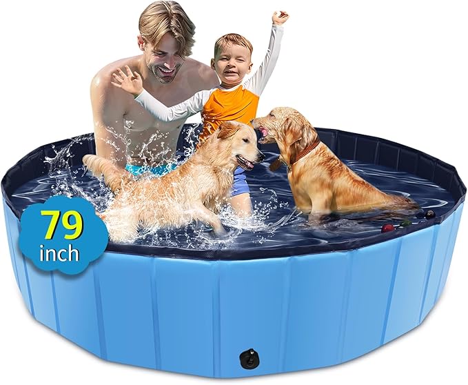 Foldable Dog Pool, 79" x 14" Large Kiddie Pool with Hard Plastic, Non-Slip Dog Bath Tub for Outdoor Backyard, Collapsible Dog Swimming Pool for Kids Dogs Pets (Blue)