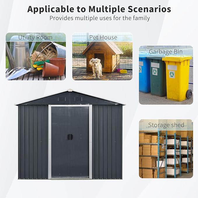 4x8 FT Outdoor Storage Shed, Metal Garden Shed with Frame Floor, Outside Tool Shed with Lockable Sliding Doors, Waterproof Storage Building with Sloped Roof for Backyard, Patio, Lawn, Black
