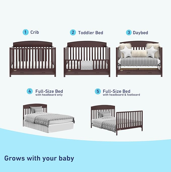 Graco Benton 5-in-1 Convertible Crib with Drawer (Espresso) - Converts from Baby Crib to Toddler Bed, Daybed and Full-Size Bed, Fits Standard Full-Size Crib Mattress, Adjustable Mattress Support Base