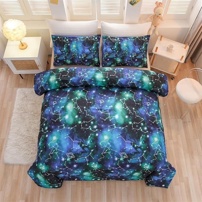 Holawakaka Tie Dye Constellation Print Ombre Comforter Set Full Size Girls Boys Gradient Galaxy Bedding Set (Black Green,Full)