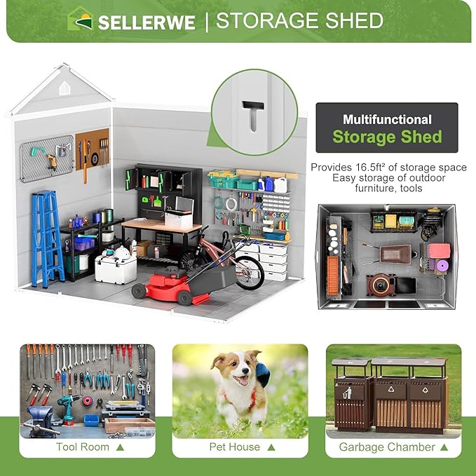 8x6x7 FT Resin Storage Shed, Waterproof Outdoor Shed w/Floor Included, 2 Windows, Double Lockable Doors & Vents,Outside Plastic Tool Sheds for Garden, Lawn, Backyard, Dove Grey