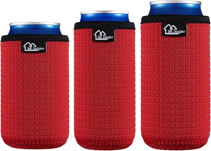 WKieason Non-slip Neoprene Can Sleeves Insulators Sleeves 3 Size - 12OZ Standard Can Sleeve, 12OZ Slim Can Sleeve, 16OZ Standard Can Sleeve, 12OZ Standard Beer Can Coolers Coolier Sleeves(Red Set)
