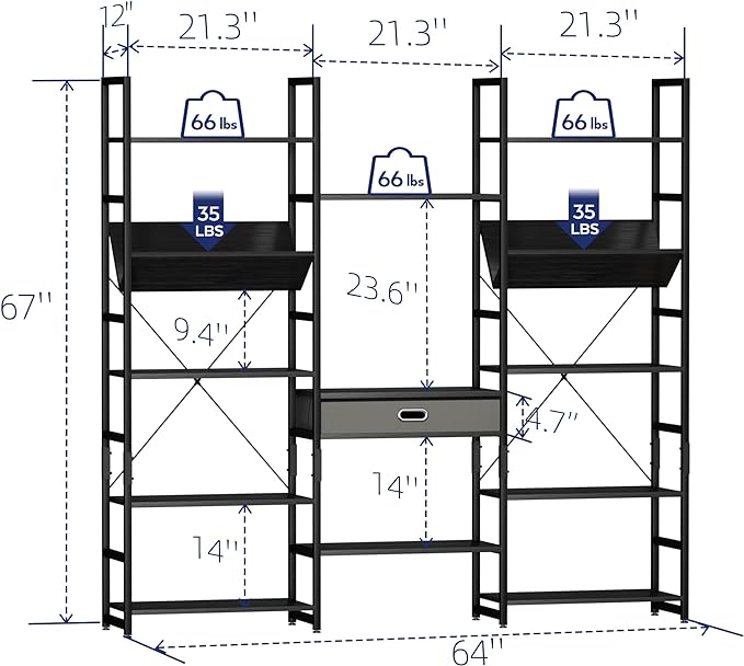 NUMENN Triple Wide 5 Tier Bookshelf, Adjustable Rustic Industrial Style Book Shelves, Modern Bookcases and Bookshelves Furniture for Bedroom, Living Room and Home Office, Elegant Black