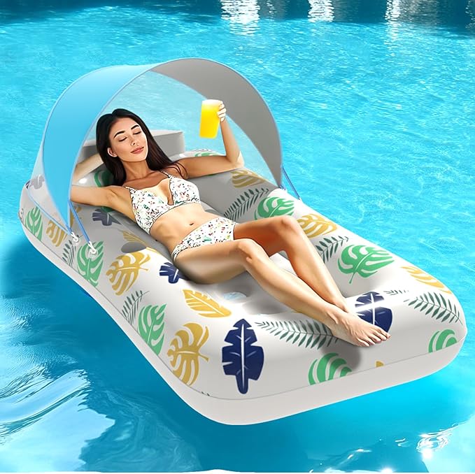 Inflatable Adult Pool Floats with Canopy 70 Inch Giant Swimming Pool Lounger Raft with Cup Holder & UV-Resistant Heavy-Duty Adults Floaties for Beach Lake Pool Parties Summer Travel Accessories